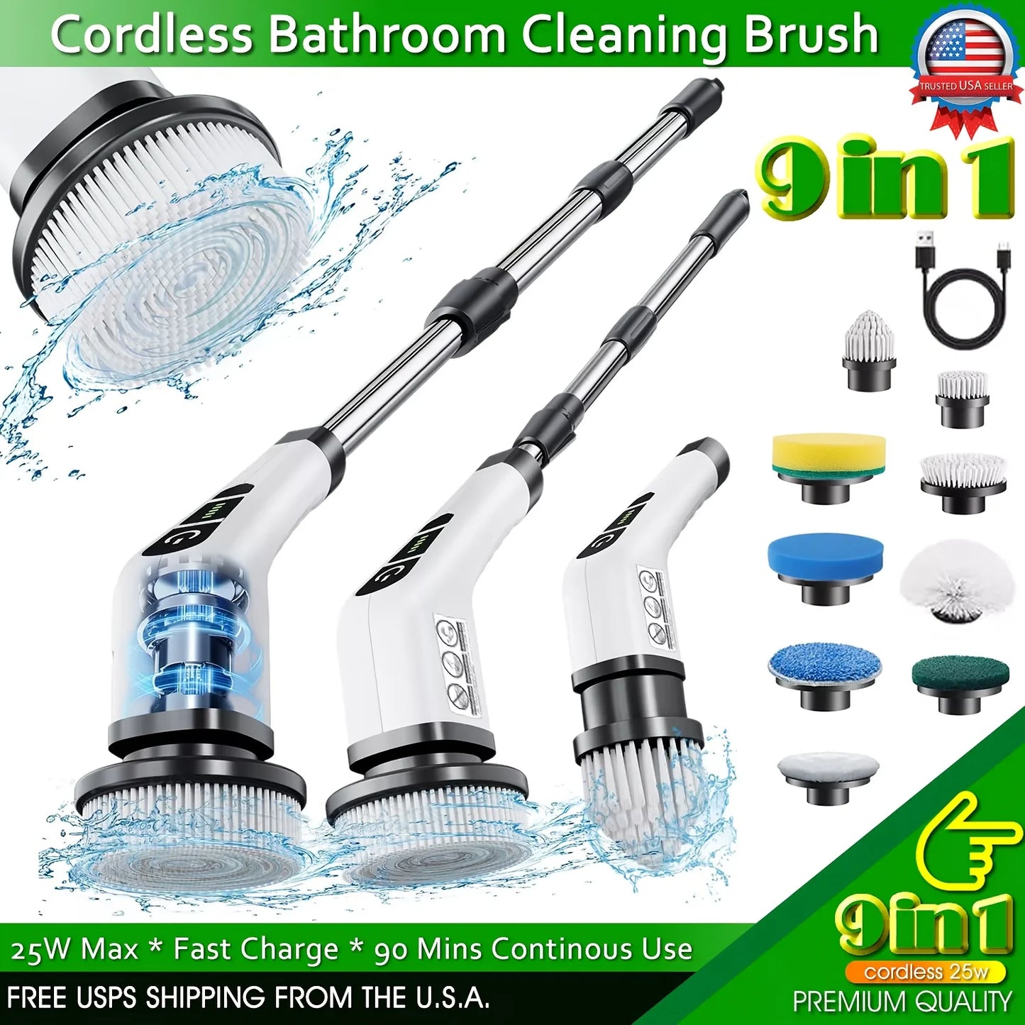 9-in-1 Electric Spin Scrubber - Cordless Shower Brush with Adjustable Handle & Replaceable Heads, Bathroom Tile Scrubber