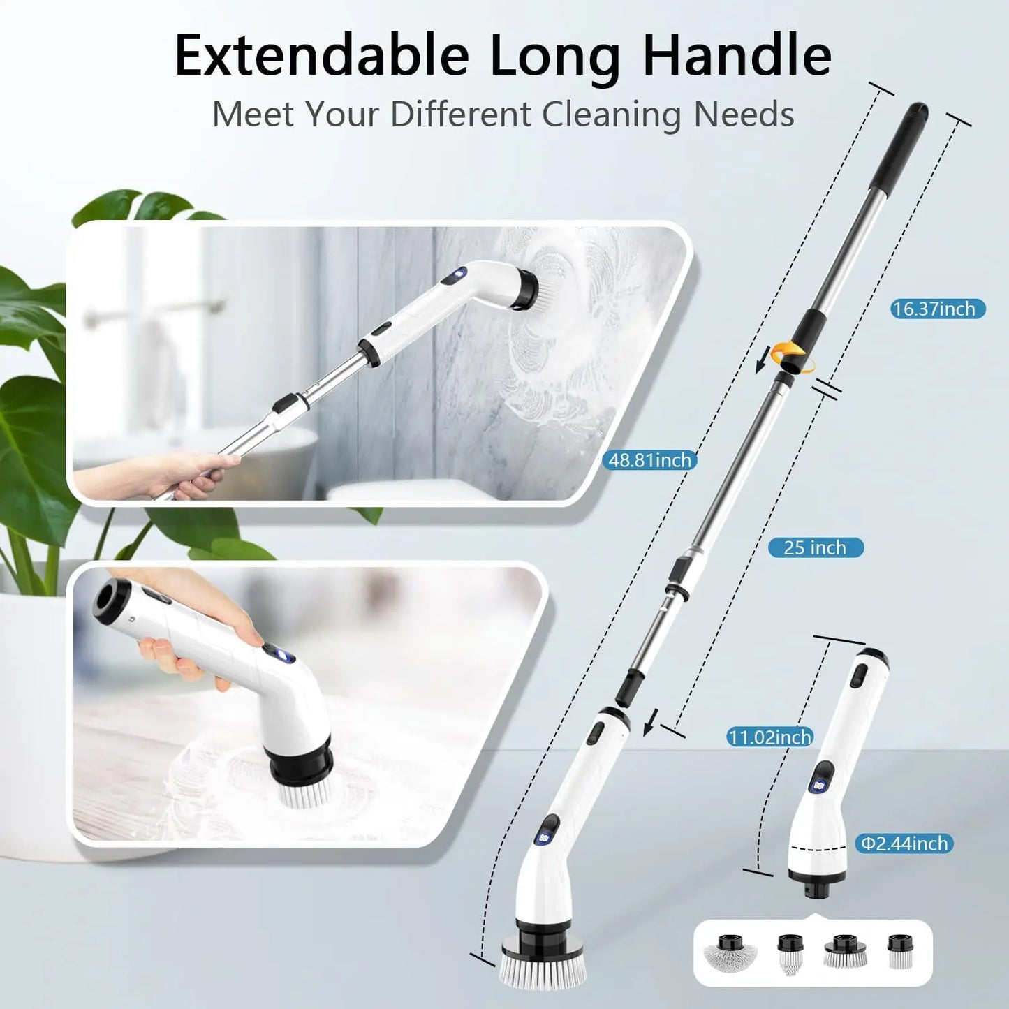 Electric Spin Scrubber, Full-Body Waterproof Bathroom Cleaner with LCD Display, 8 Heads, Adjustable Handle for Bathtub