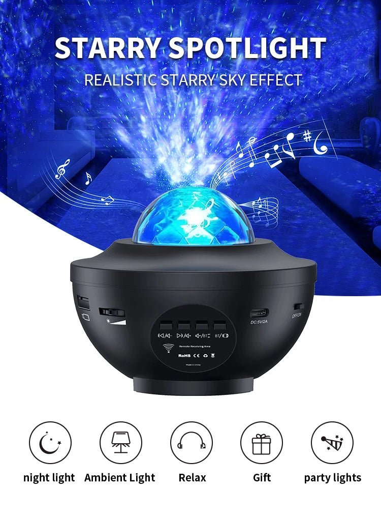 Starry Sky Projector Light LED Night Light Bluetooth Music Player Remote Ocean Wave Galaxy Ambient Light Bedroom Decoration Gift