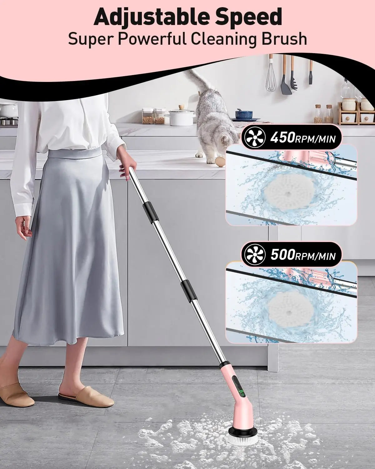 Cordless Electric Spin Scrubber for Bathroom Cleaning, IPX7 Waterproof with 2 Speeds & 3 Brush Heads, Pink
