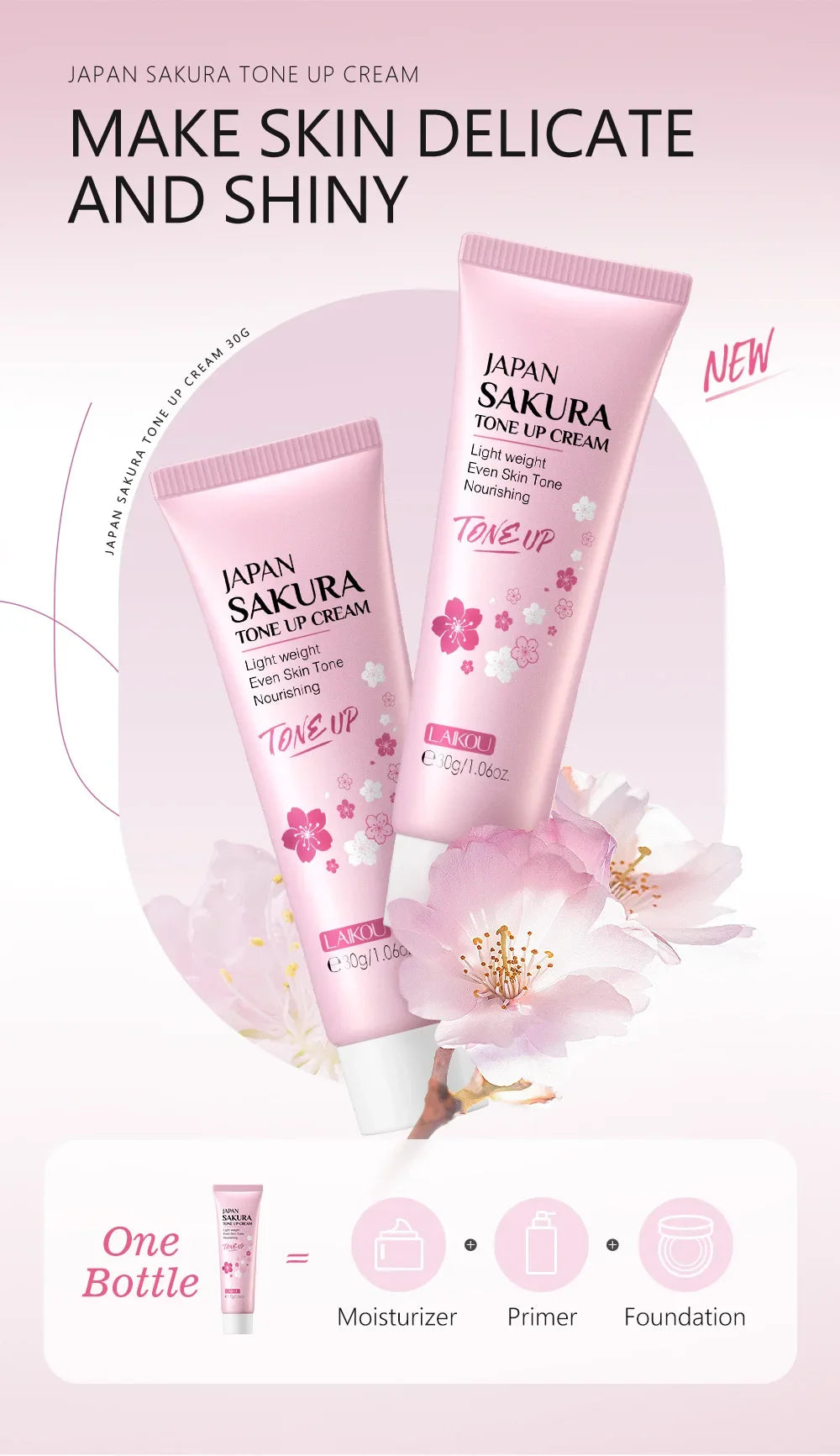 LAIKOU Cherry Blossom Suyan Cream Moisturizing Lazy Face Cream Tone up Brighten Skin Care Products Waterproof Sweatproof 30g