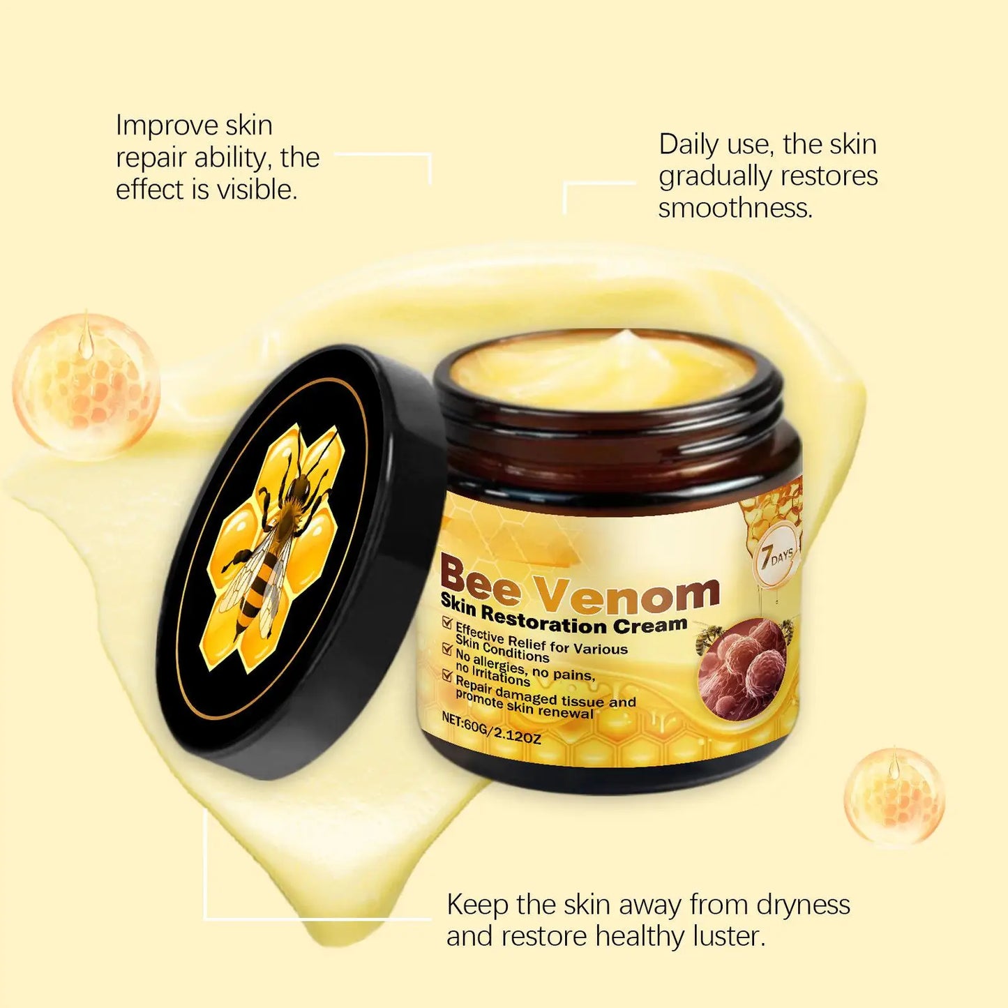 Bee Venom Cream for Sensitive Skin Care - Skin Barrier Repair Treatment Reduce Redness & Blemishes Skin Renewal Moisturizer 60g