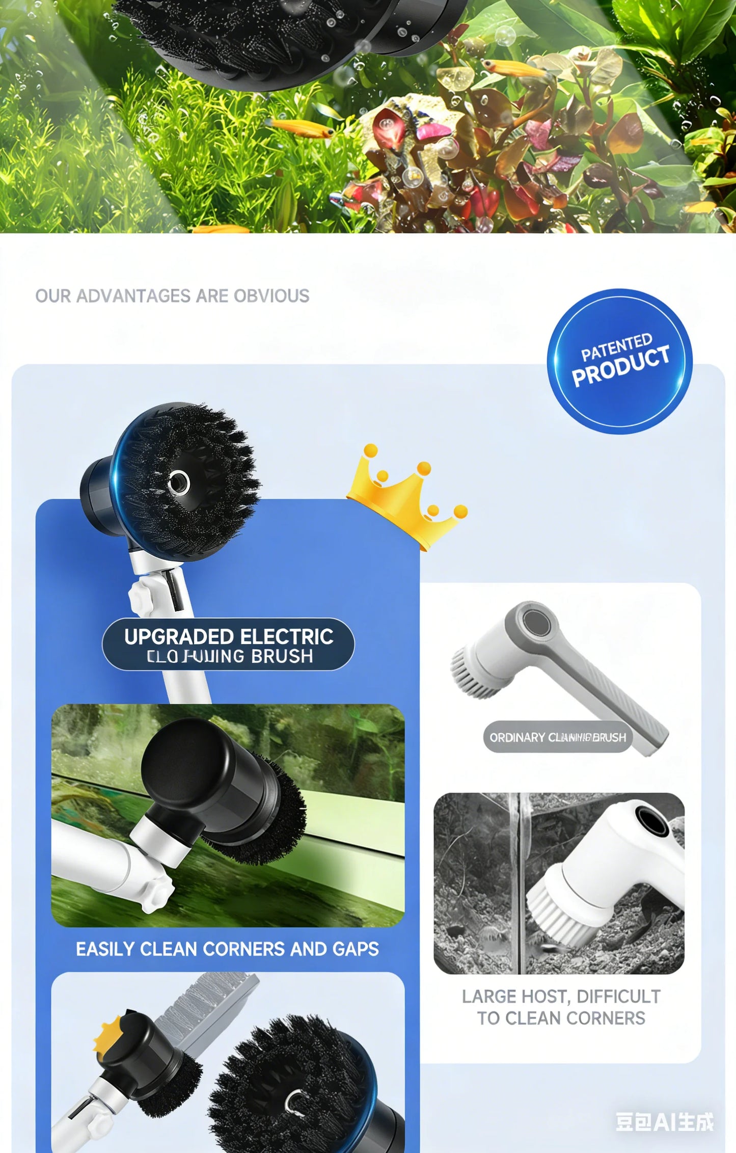 Worthlot Electric Fish Tank Brush Ipx8 Waterproof 48W 136cm Long Handle for Deep Water Work, Powerful Motor, Fish Tank and Aquarium Algae Removal Cleaning Tool