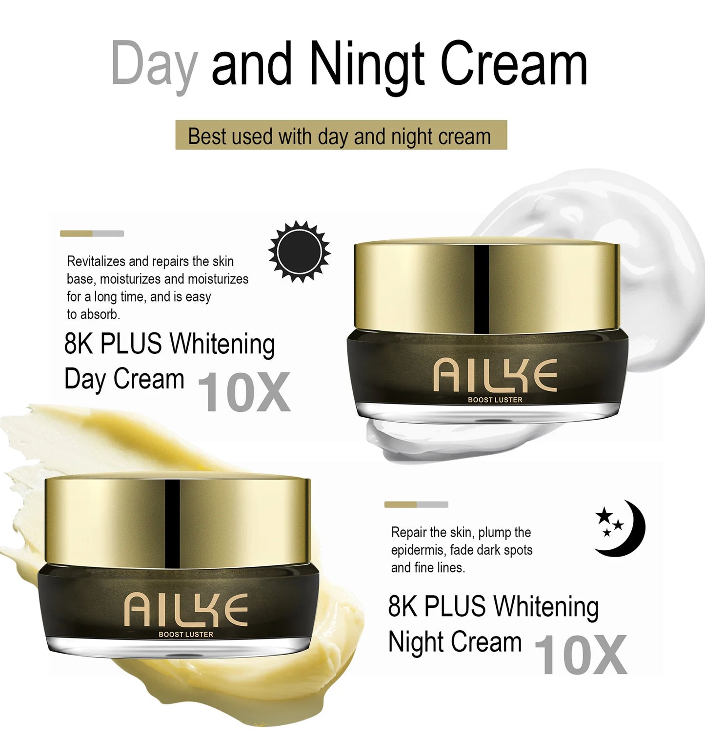 AILKE Whitening Face Cream, Reduce Dark Spots, Sun Spots, Melanin, With Collagen, Glutathione, Even Skin Tone For All Skin Types